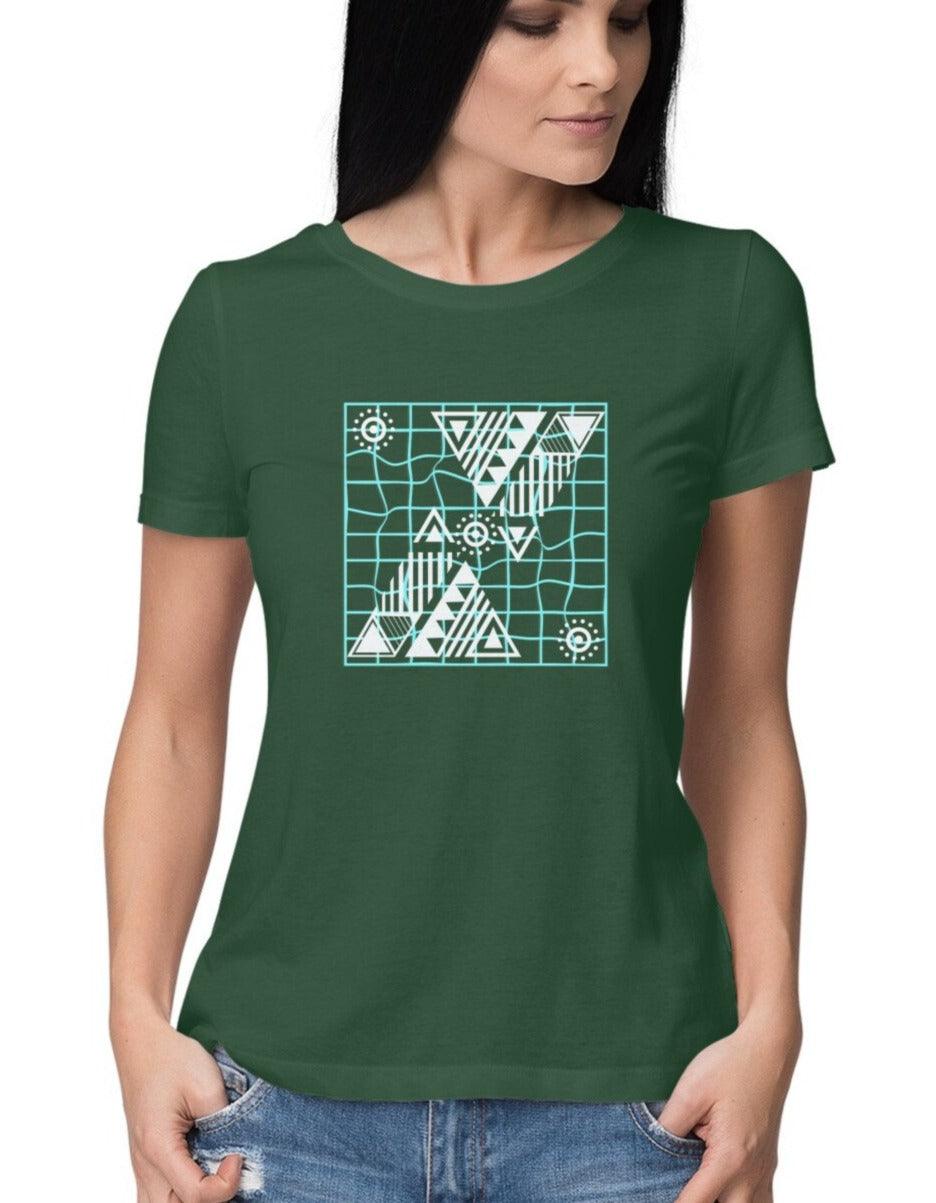 Bottle Green T-shirt for Women with Geometric Art Design