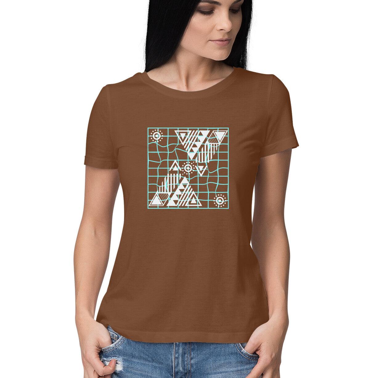 Coffee Brown T-shirt for Women with Geometric Art Design