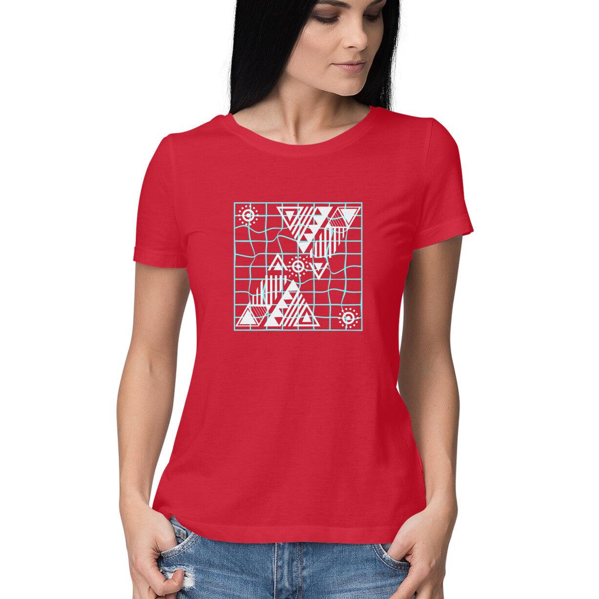 Red T-shirt for Women with Geometric Art Design