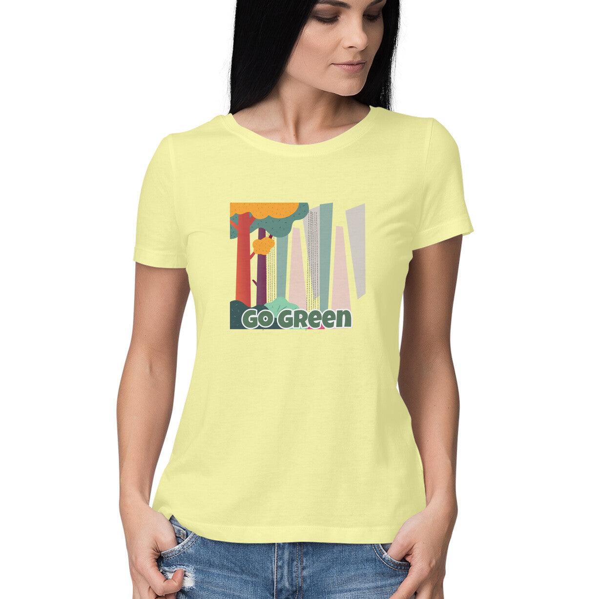 Women's cotton tshirt Butter yellow with green living quote