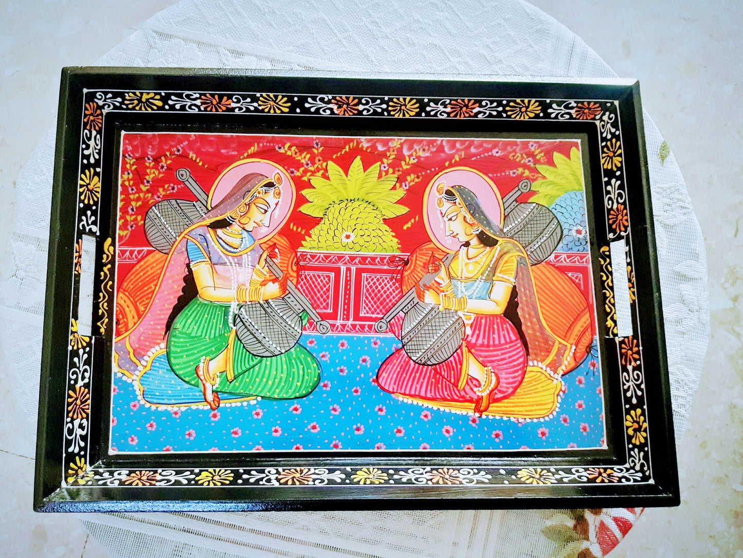 Decorative tray with colorful Rajasthani painting. Gift for her.