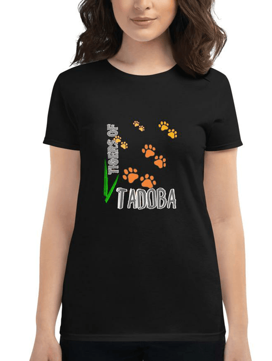 Black Tshirt for Women with Tiger paw graphics and caption Tigers of Tadoba