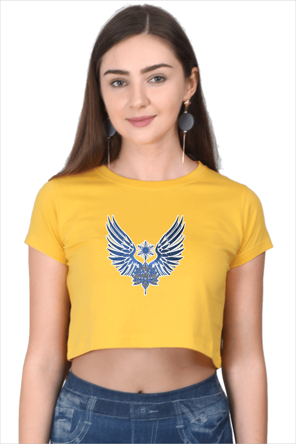Maic Wings Printed Crop T-shirt for girls Golden Yellow