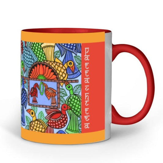 Coffee Mug with Red Handle and print insipred by Pattachitra Art 