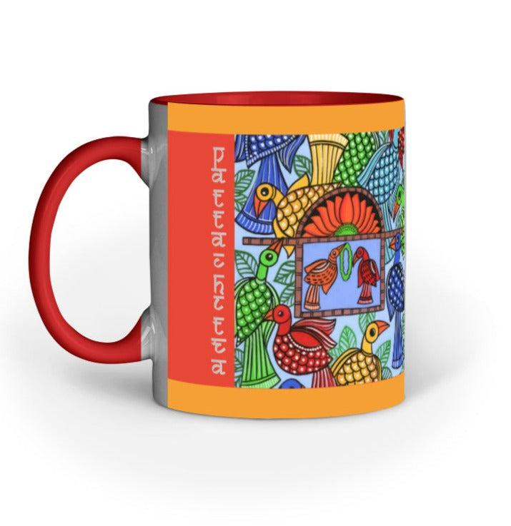 Coffee Mug with Red Handle and surface print insipred by Pattachitra Art