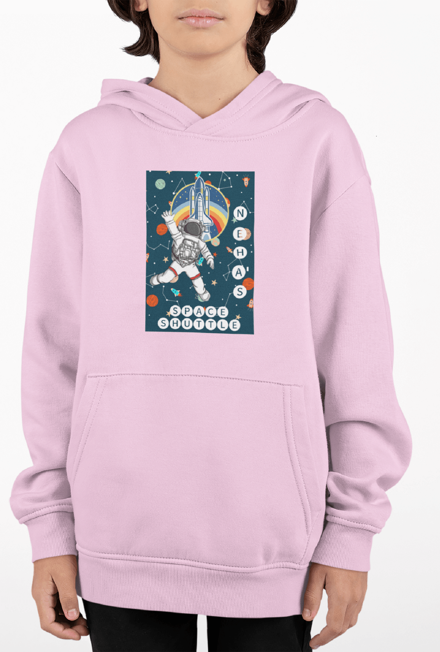 Personalized Pink Hoodie for Kids with Astronaut Space Shuttle Design