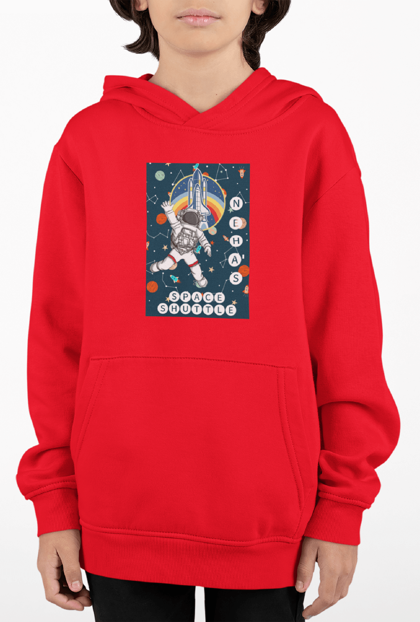Personalized Red Hoodie for Kids with Astronaut Space Shuttle Design