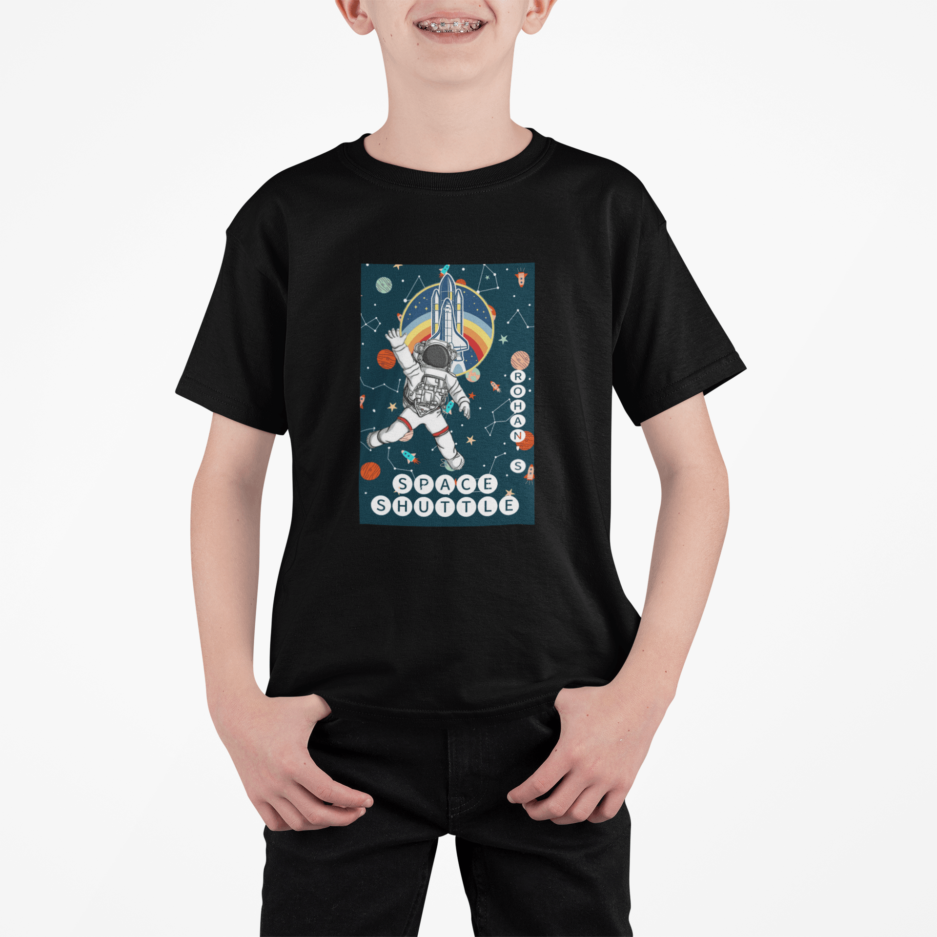 Personalised Space Shuttle Black T-shirt for Kids