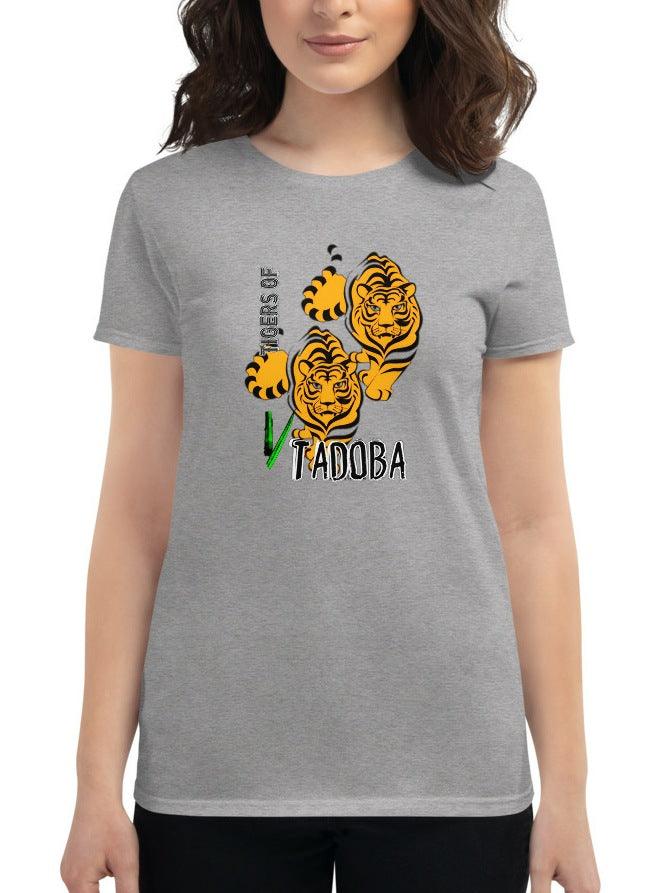 Light Grey Tshirt for Women with Tiger graphics and caption Tigers of Tadoba