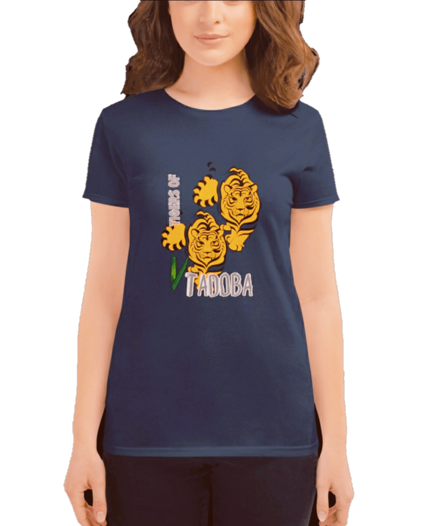 Navy Blue Tshirt for Women with Tiger graphics and caption Tigers of Tadoba
