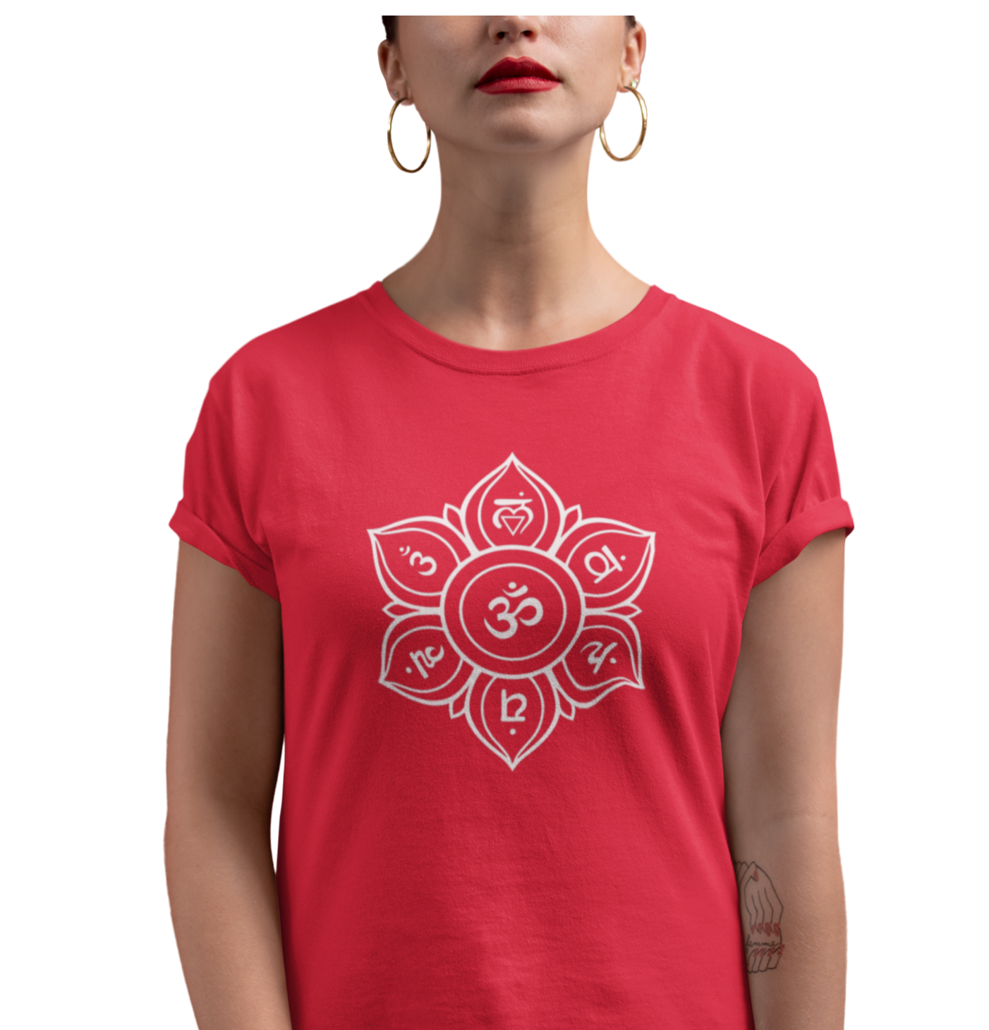 Red T-shirt for Women printed with Om Graphics