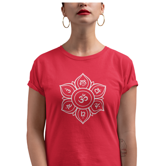 Red T-shirt for Women printed with Om Graphics
