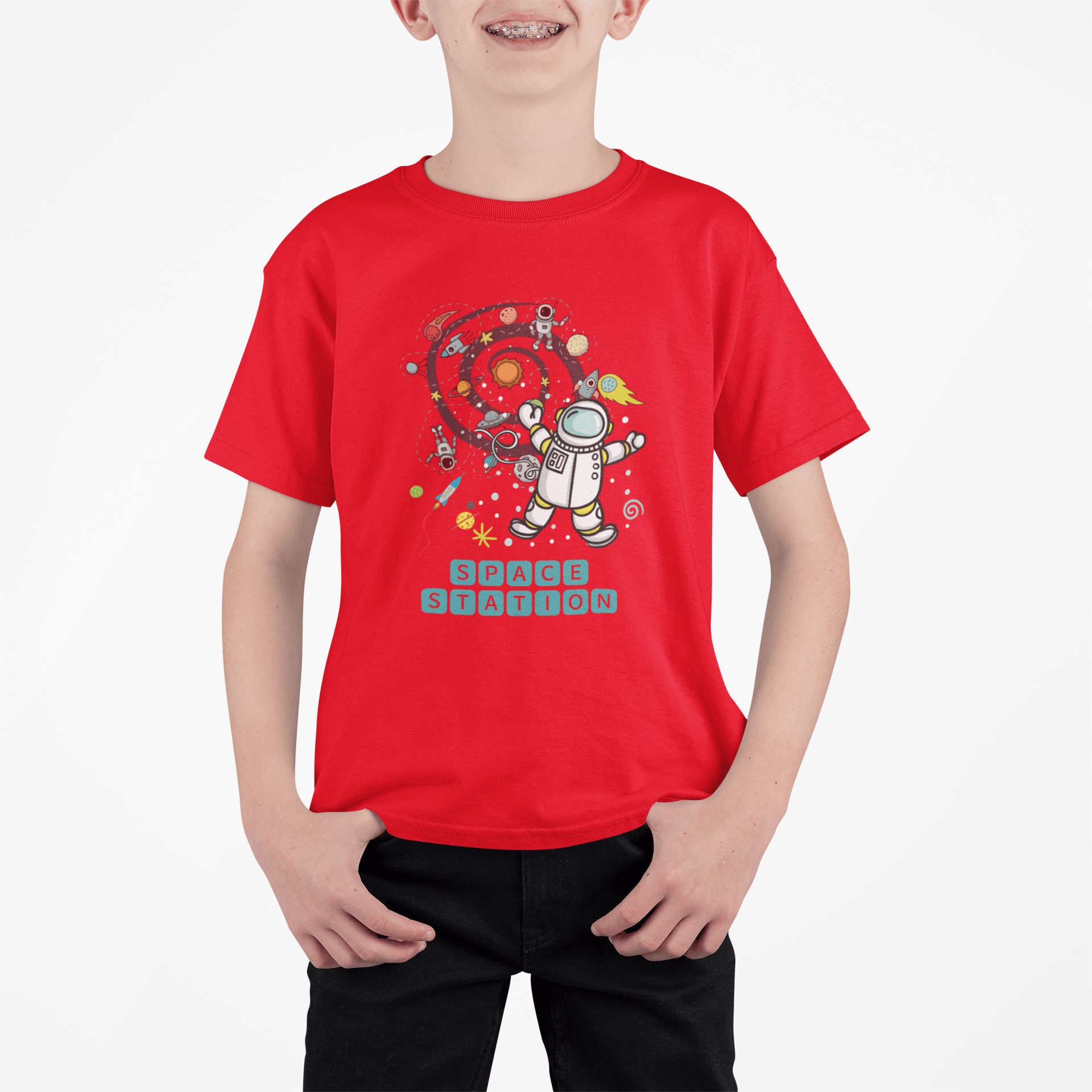 Space Station Astronaut Red T-shirt for Kids