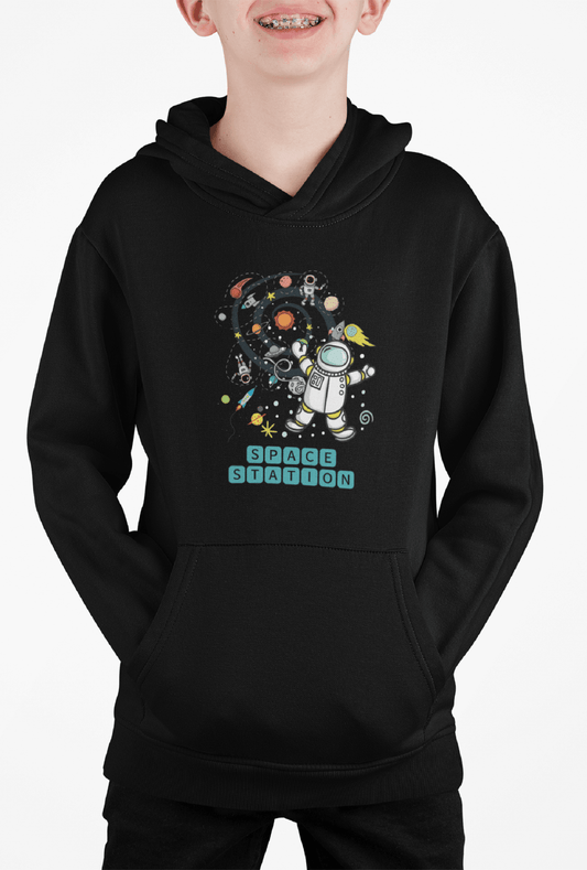 Black Hoodie for Kids with Astronaut Space Shuttle Design