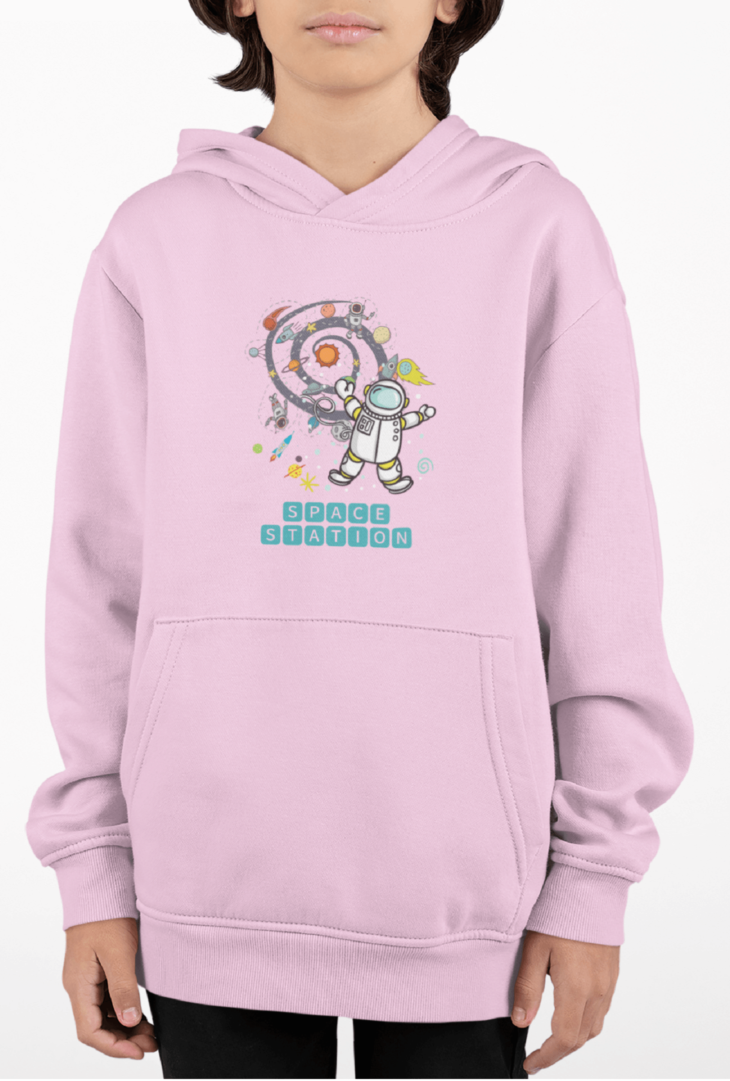 Light Pink Hoodie for Kids with Astronaut Space Design