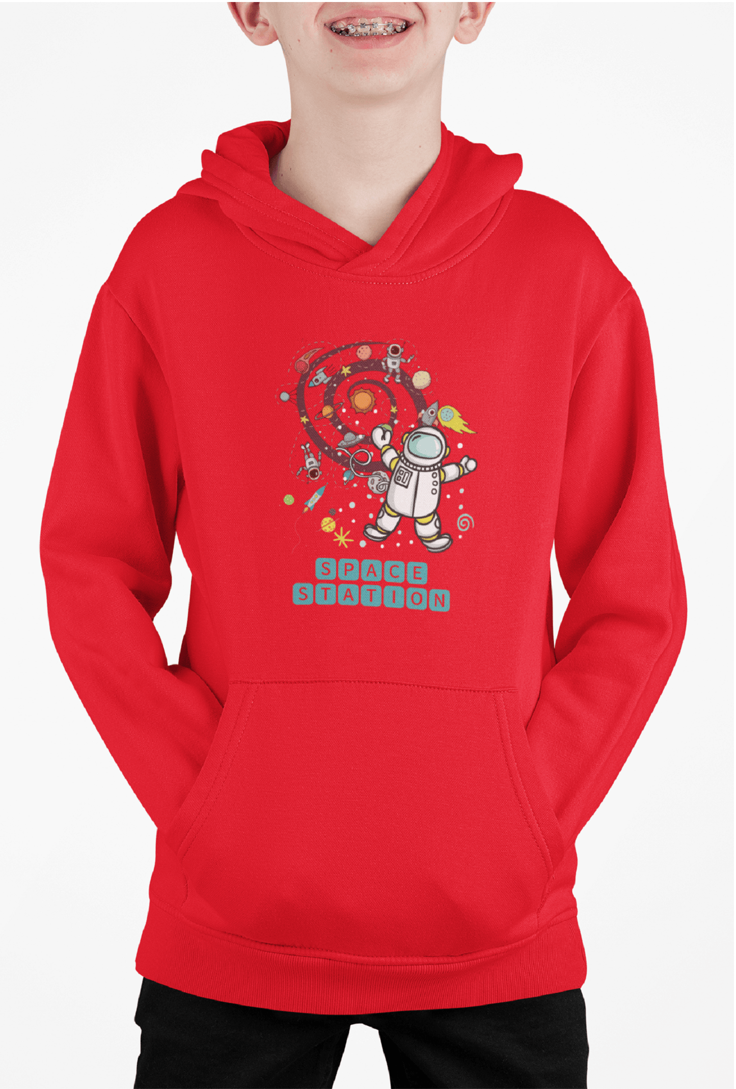 Red Hoodie for Kids with Astronaut Space Design