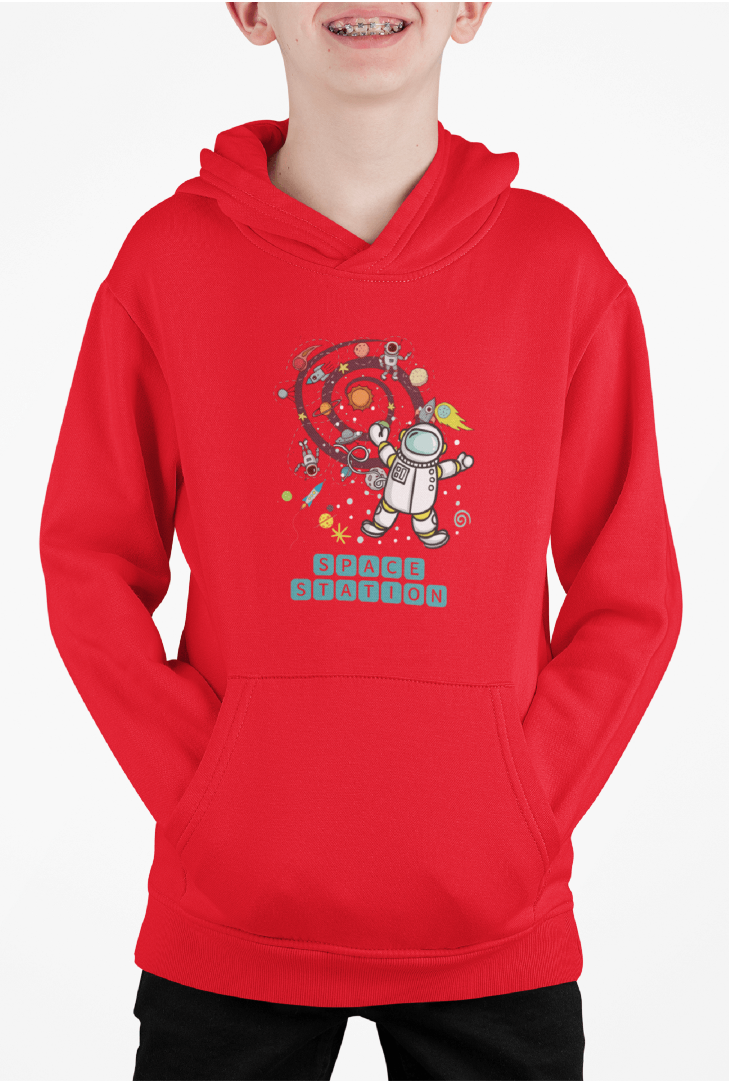Red Hoodie for Kids with Astronaut Space Design