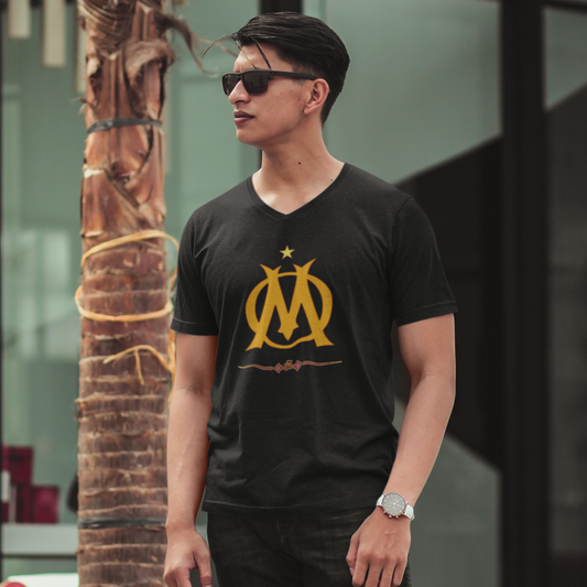 V Neck Cotton Black T-shirt with stylized Om Graphic Print 