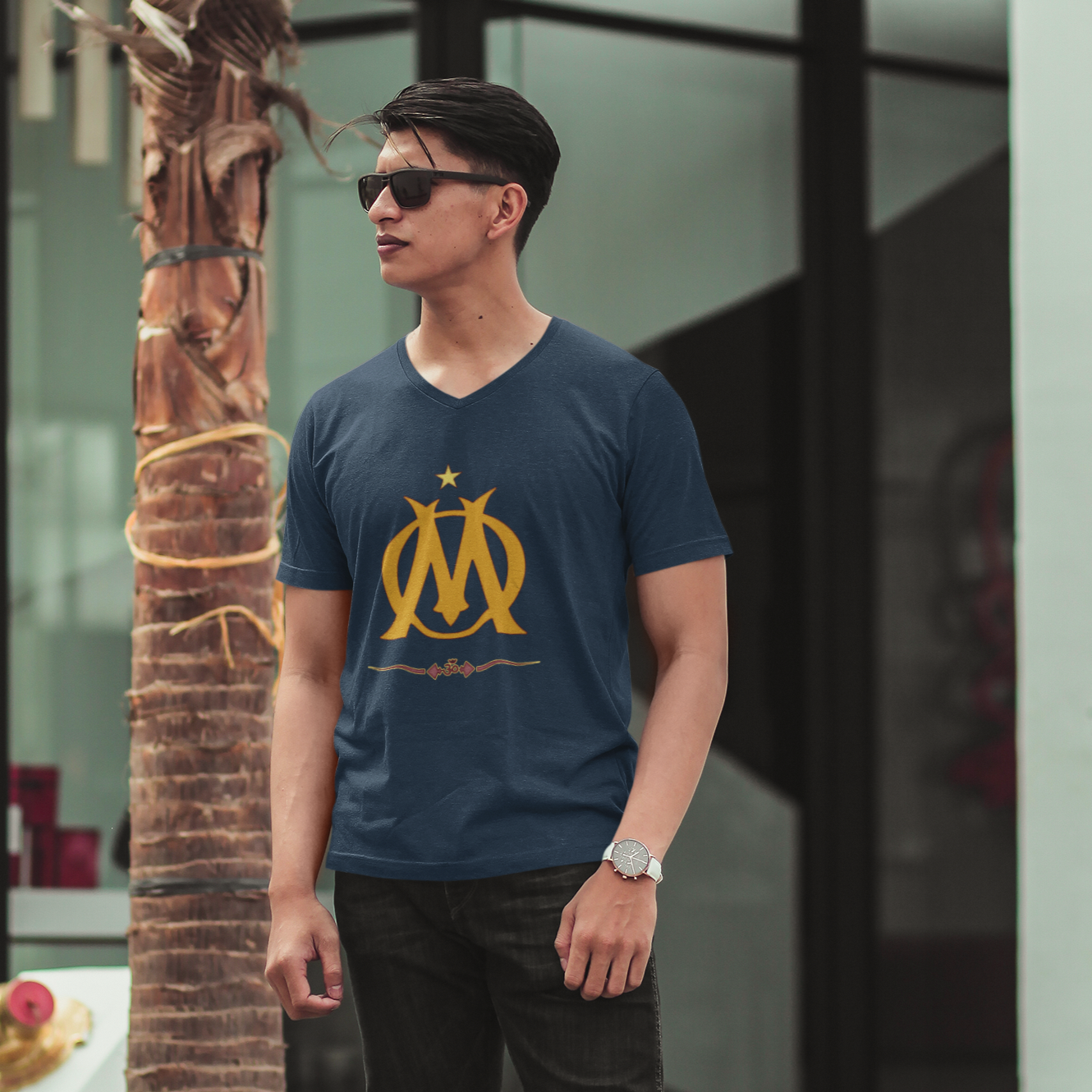 V Nect T-shirt for Men with sylized Om print Navy Blue