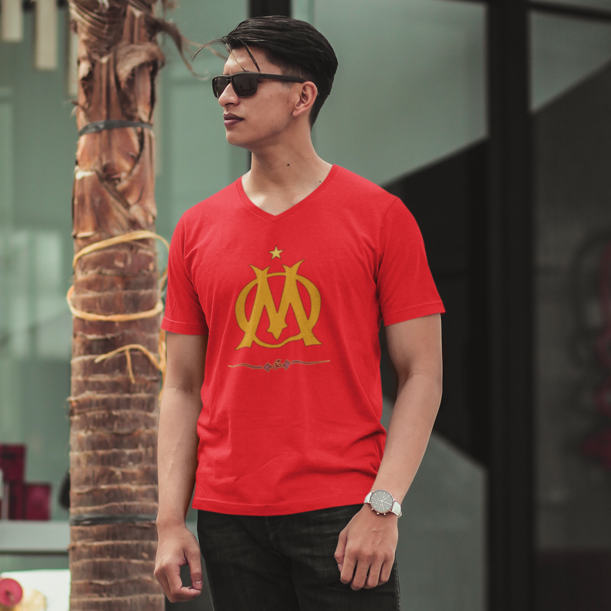 V Neck Cotton Red T-shirt with stylized Om Graphic Print 