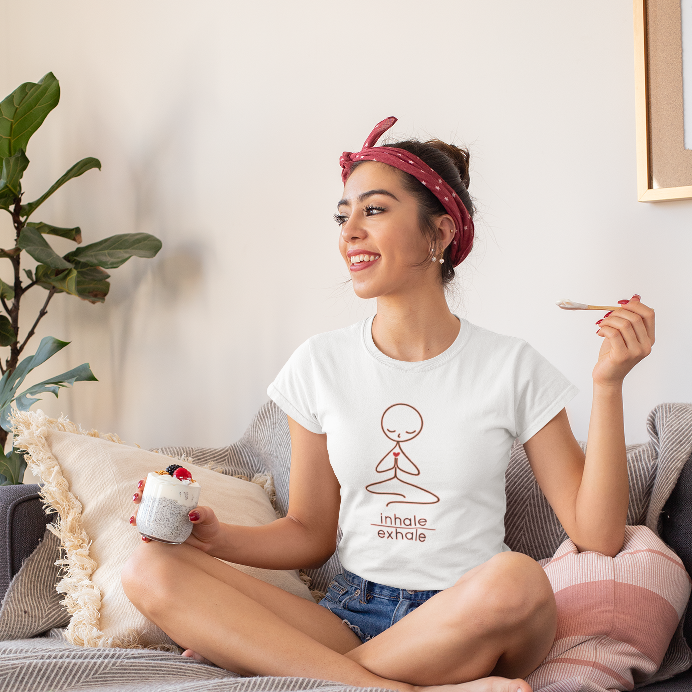 Yoga Doodle printed T-shirt for Women White