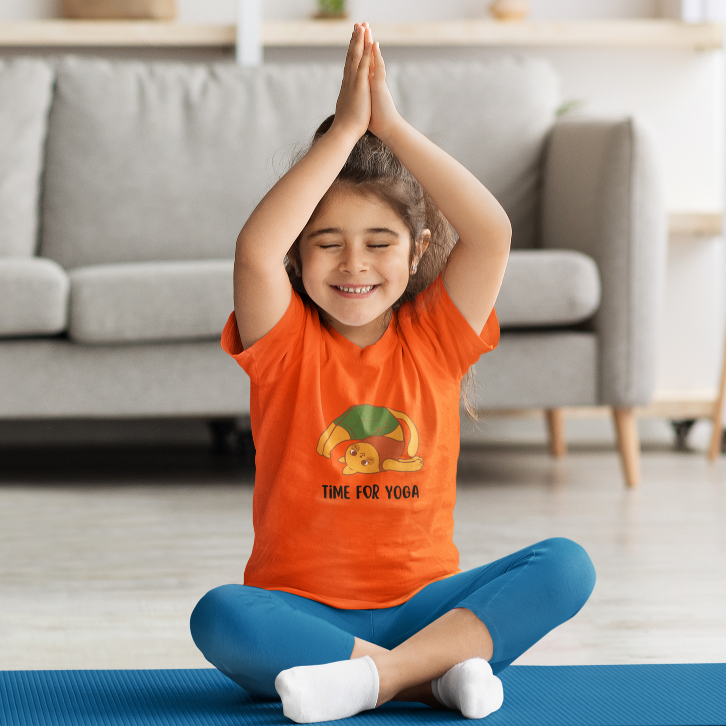 Cat inspired Yoga T-shirt for Kids Orange Color