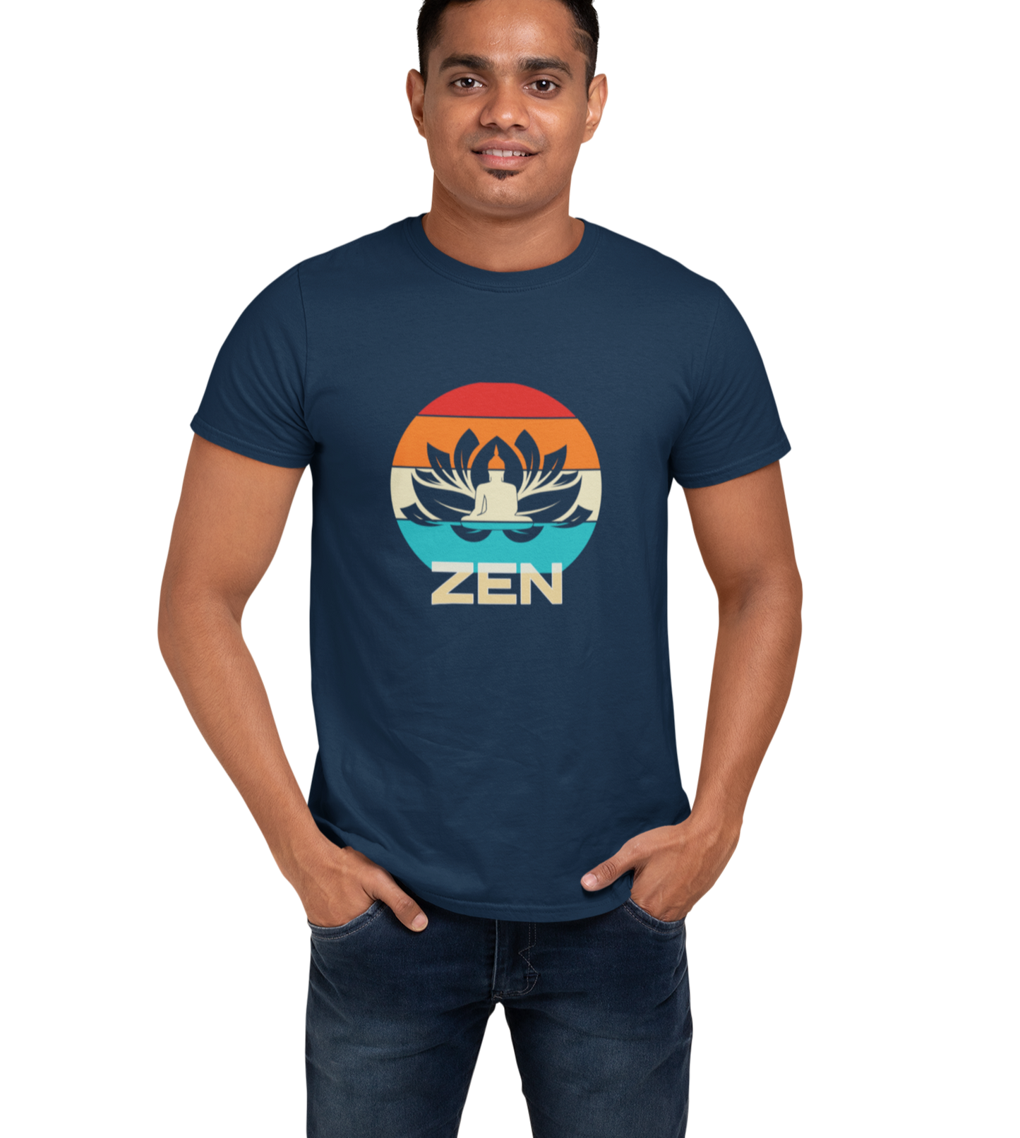 Yoga t-shirt for Men, Navy Blue color. printed with image of Buddha.