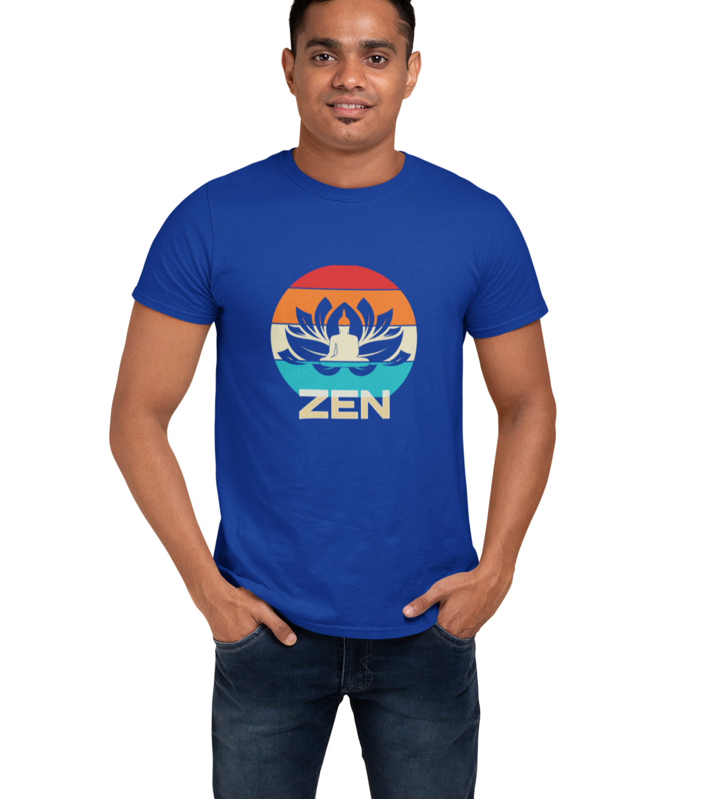 Yoga t-shirt for Men, Royal Blue color. printed with image of Buddha.