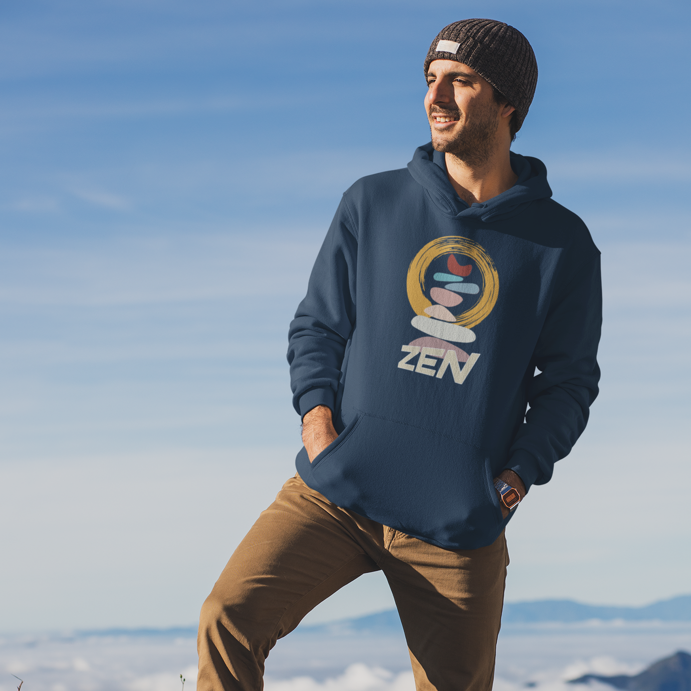 Zen Hoodie Unisex Navy Blue printed with image of Zen Stacked Stones