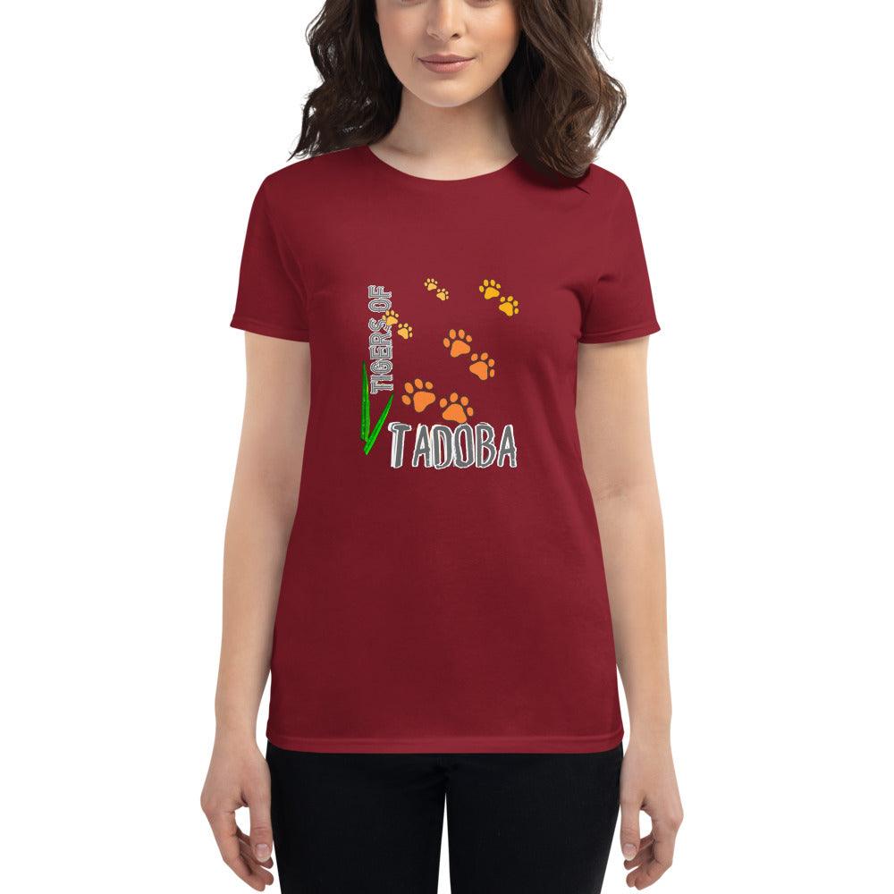 Maroon Tshirt for Women with Tiger paw graphics and caption Tigers of Tadoba