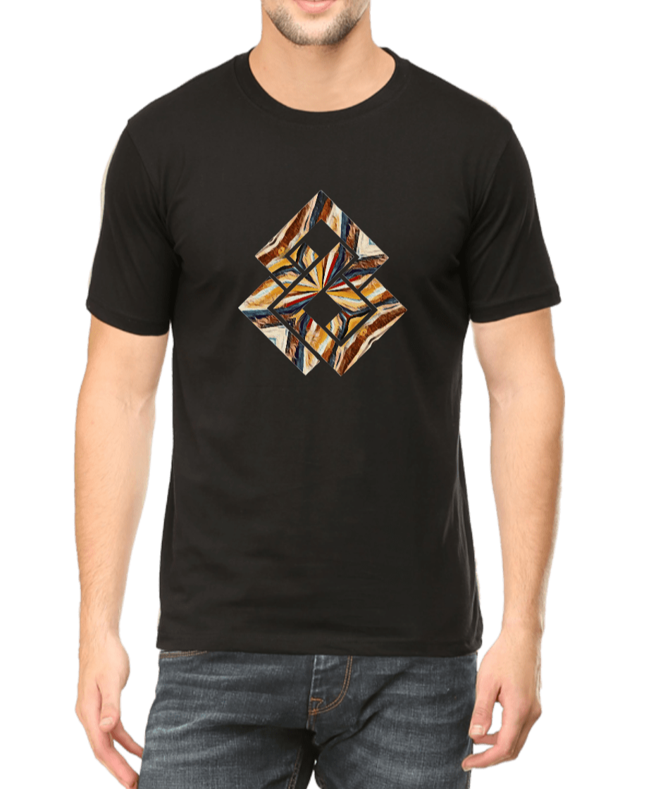 Men's black printed T-shirt with brown & yellow graphic design