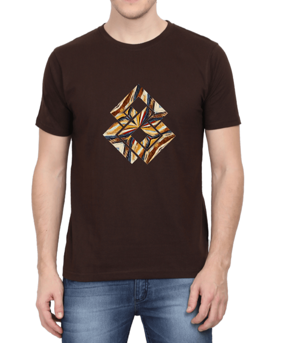 Men's coffee brown printed T-shirt with brown & yellow graphic design