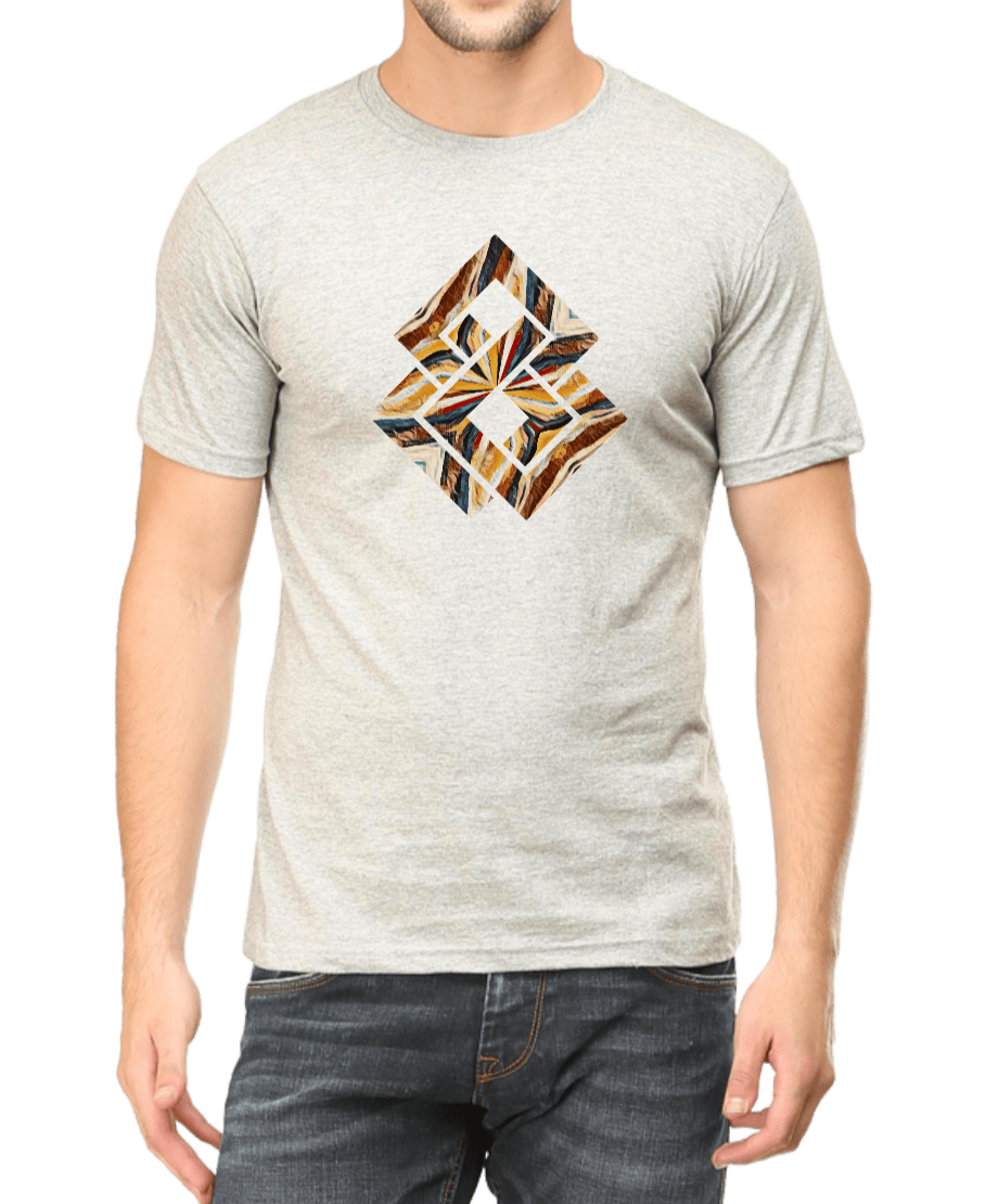 Men's light grey printed T-shirt with brown & yellow graphic design