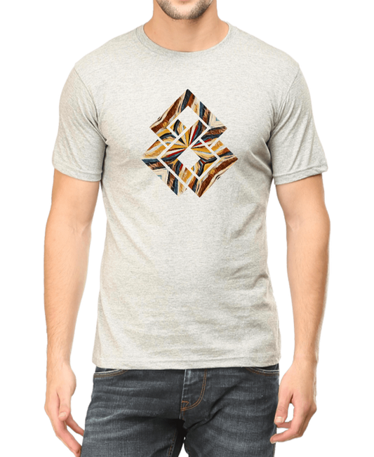Men's light grey printed T-shirt with brown & yellow graphic design