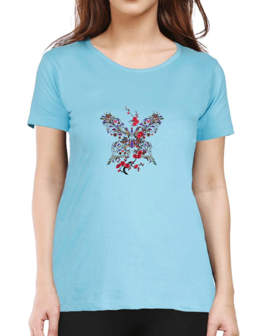 Sky blue tshirt for women with delicate floral graphics