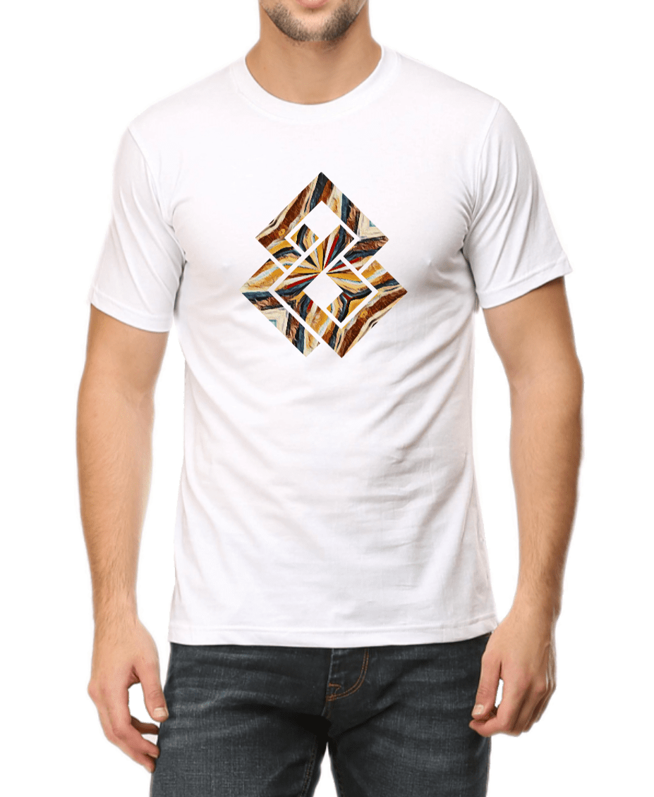 Men's white printed T-shirt with brown & yellow graphic design