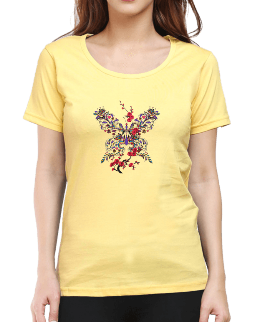 Pale yellow tshirt for women with delicate floral graphics