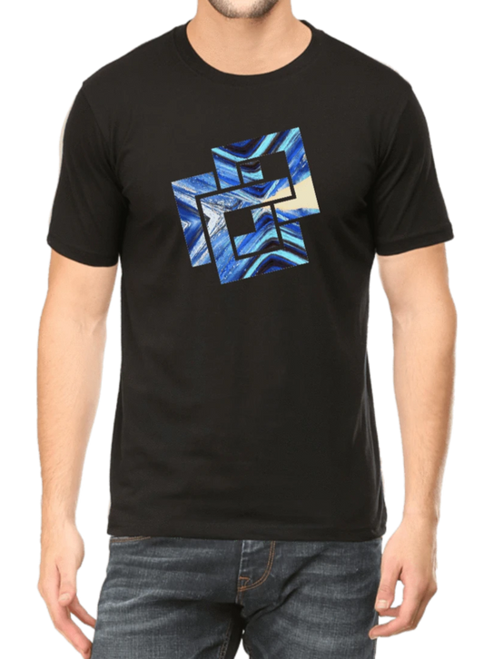 Men's black printed T-shirt with blue and black graphic design
