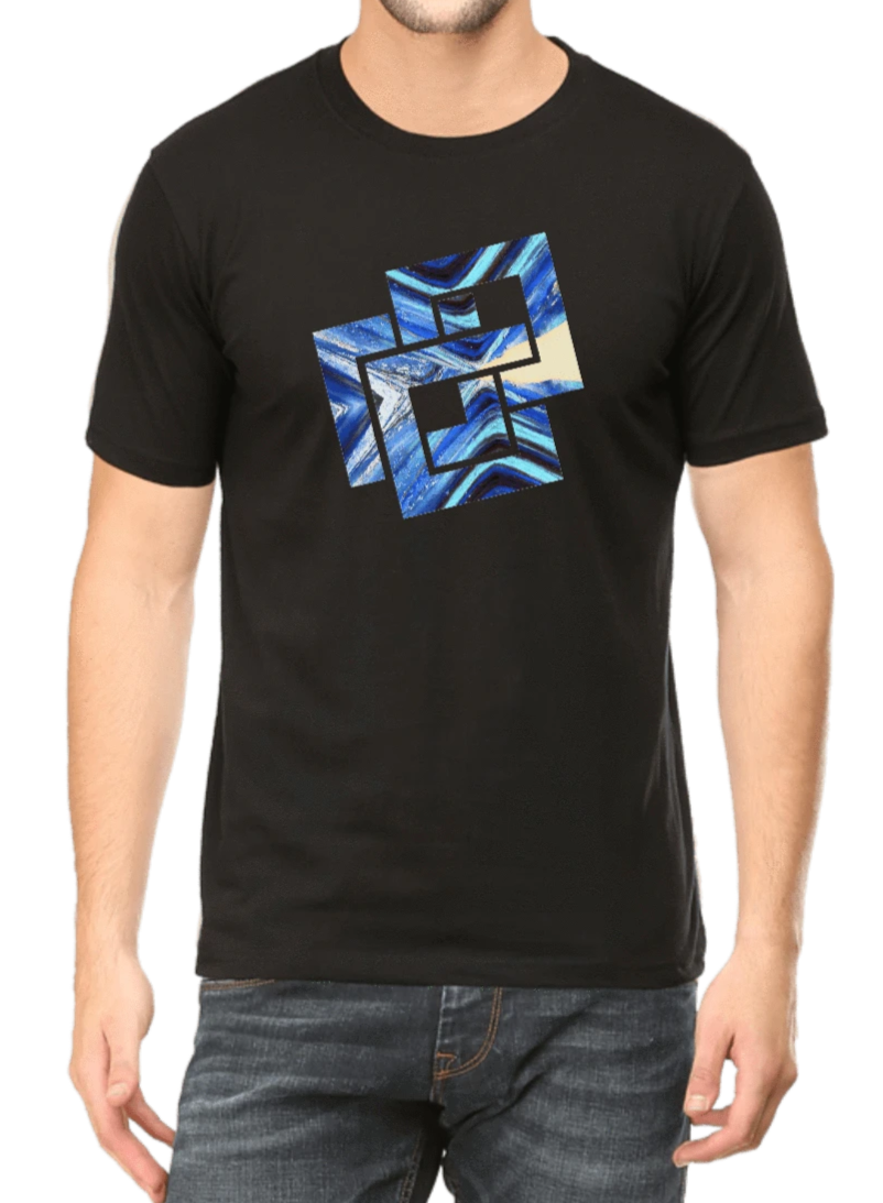 Men's black printed T-shirt with blue and black graphic design