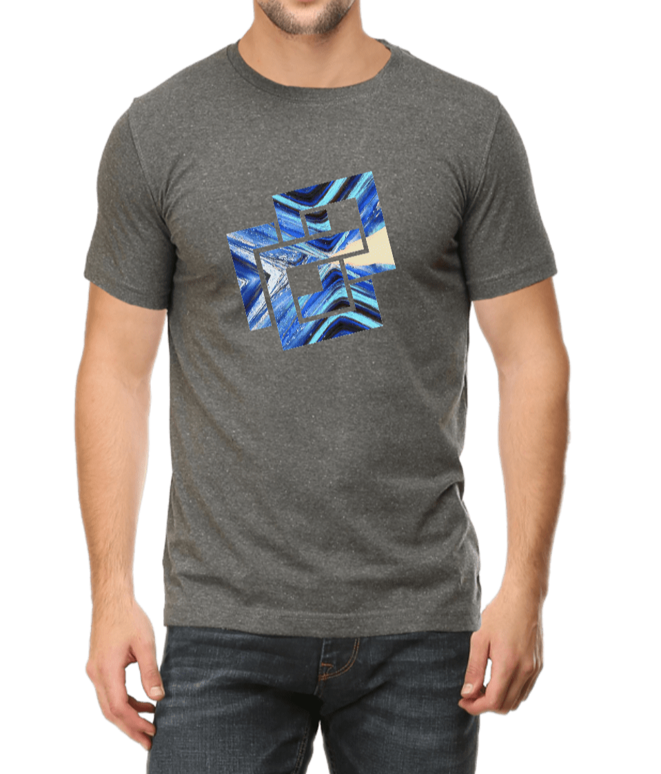 Men's charcoal melange printed T-shirt with blue and black graphic design
