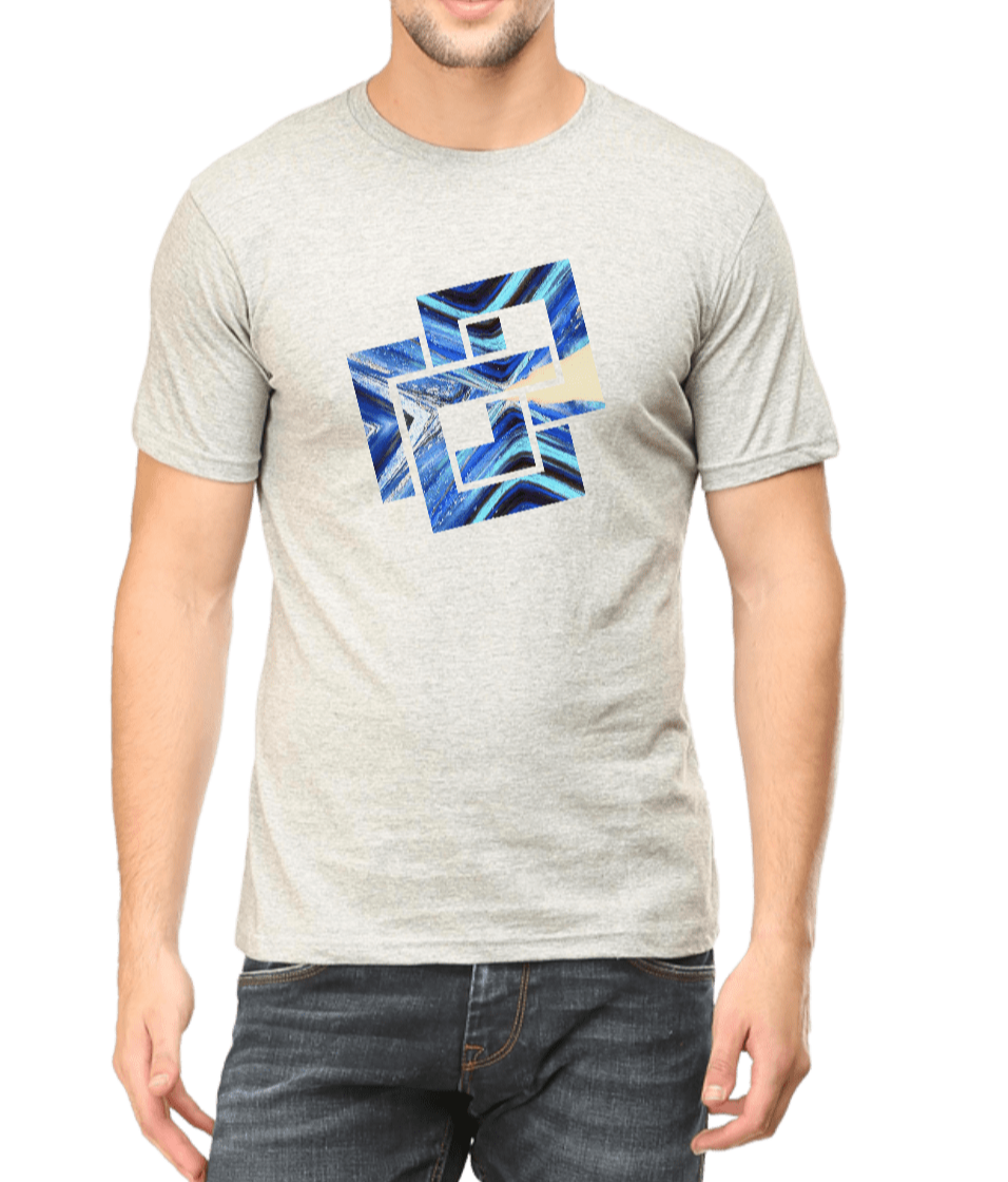 Men's light grey printed T-shirt with blue and black graphic design