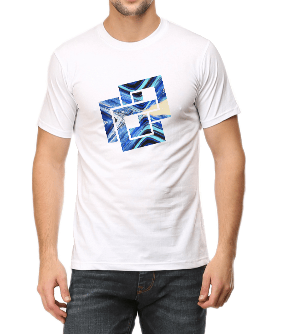 Men's white printed T-shirt with blue and black graphic design