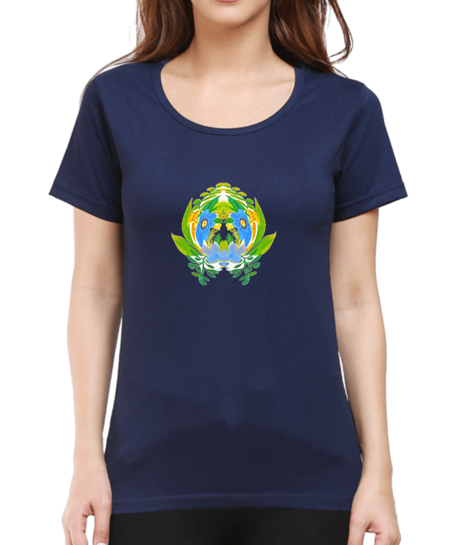 Women's tshirt navy blue with geometric art with floral design