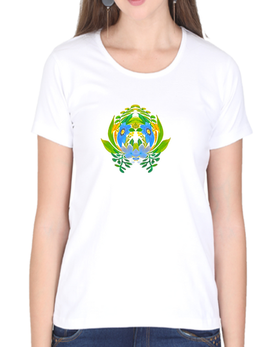 Women's tshirt white with geometric art with floral design