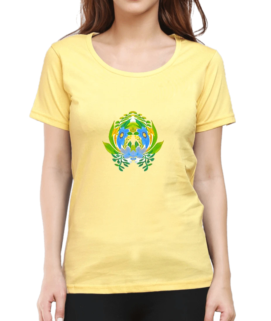 Women's tshirt pale yellow with geometric art with floral design