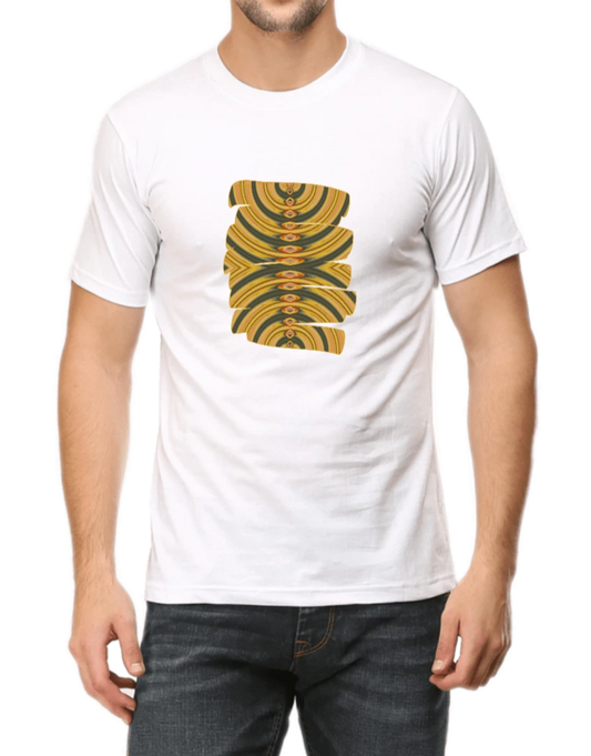 White Men's T-shirt printed with mustard & grey graphic design