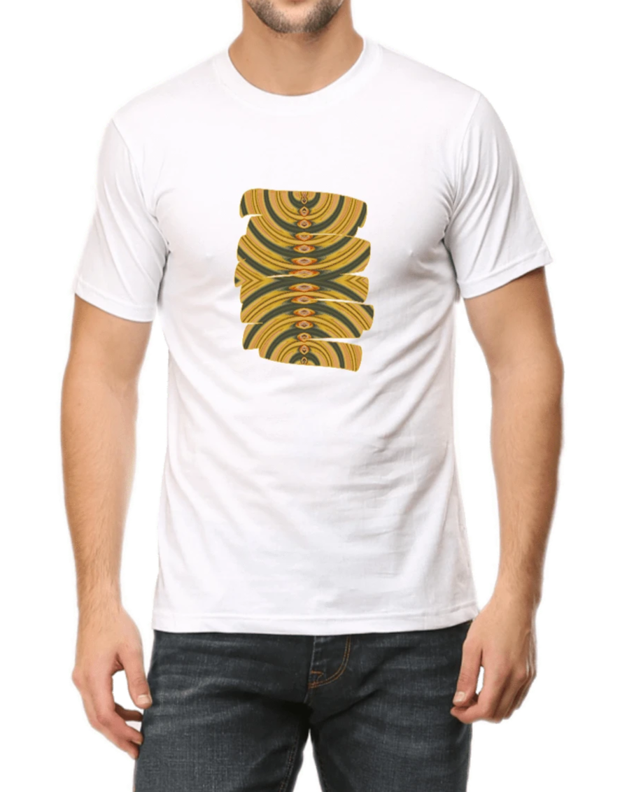 White Men's T-shirt printed with mustard & grey graphic design