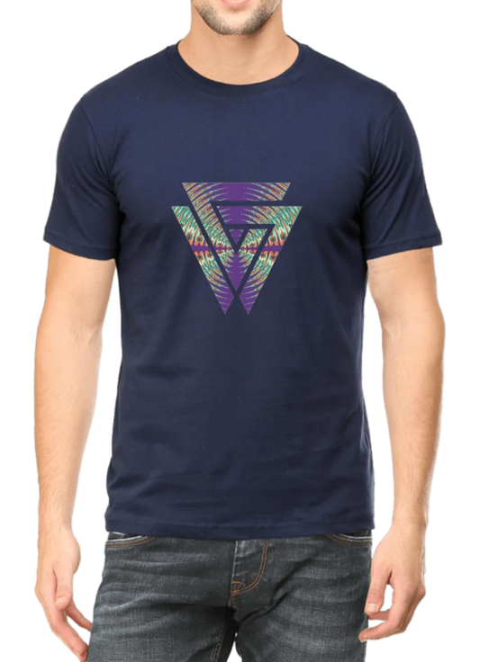 Men's printed T-shirt navy blue with twin triangle graphic design