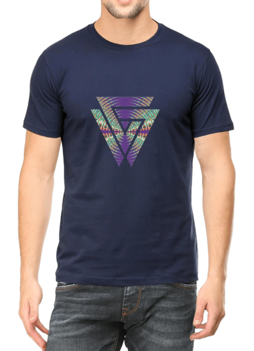 Men's printed T-shirt navy blue with twin triangle graphic design