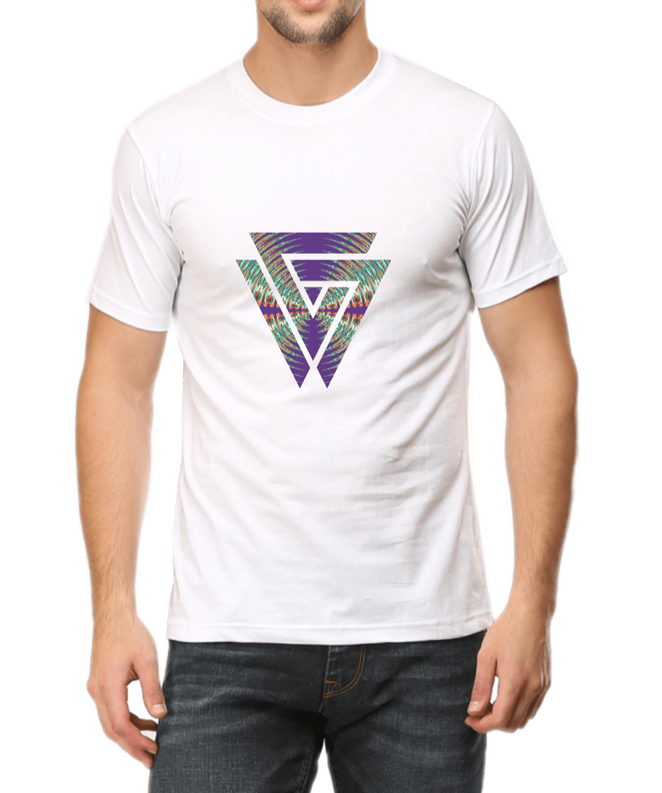 Men's printed T-shirt white with twin triangle graphic design